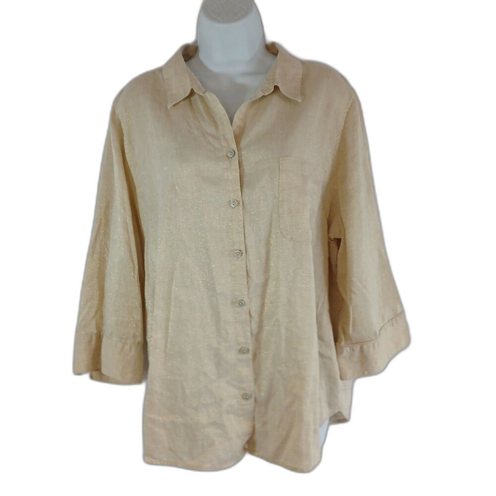 Chico's Top Freshchic Beige Button Up Gold Glitter Sz 3.5  Chic Casual Travel...